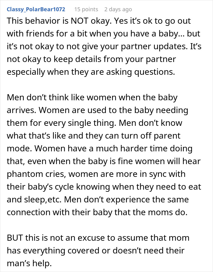 Comment discussing woman's relationship struggles after boyfriend abandons her and newborn to party for over 18 hours.