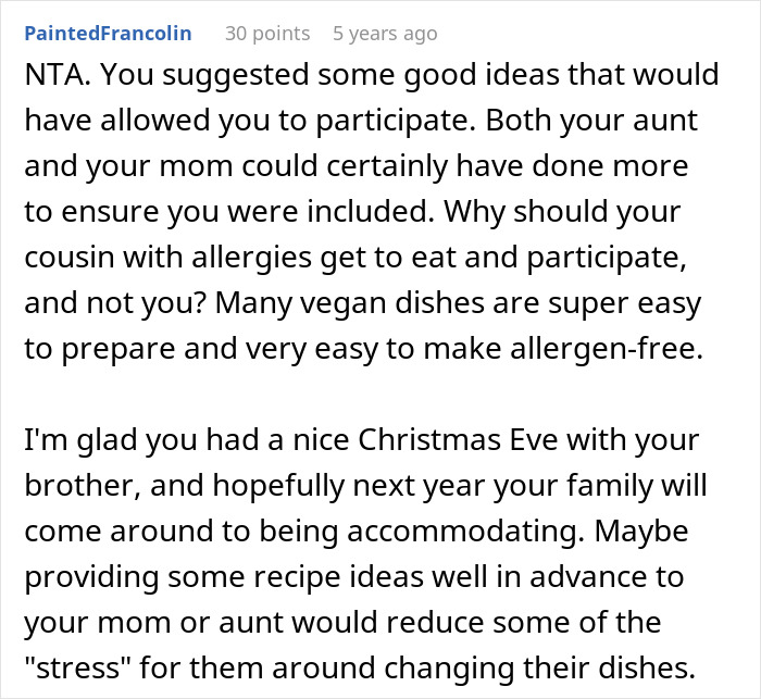 Commenter discussing challenges and solutions for no vegan options Christmas Eve dinner with family accommodations suggested.