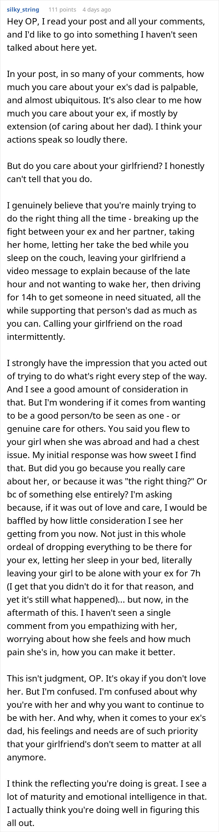 Text post discussing a guy going above and beyond for his ex girlfriend and his current partner's feelings.