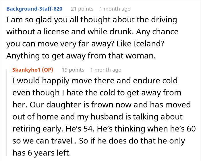 Online forum conversation about a woman seeking a restraining order against her mother-in-law after 29 years of marriage.