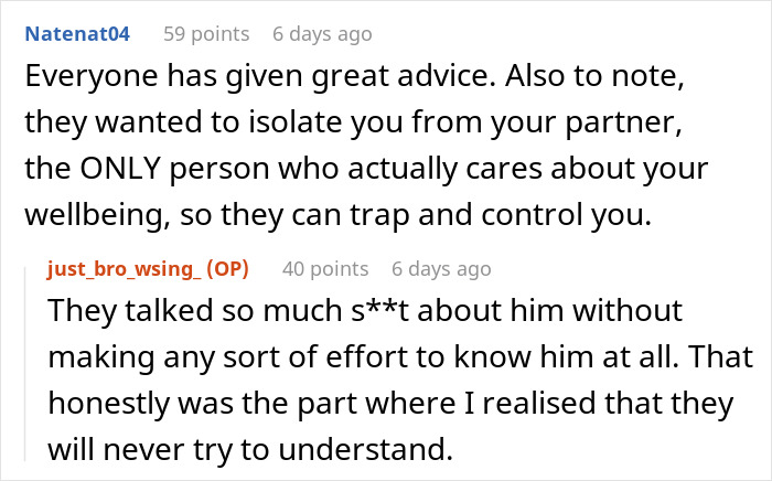 Two Reddit users discuss feelings of being trapped and isolated at a parent's place, reflecting on control and understanding.
