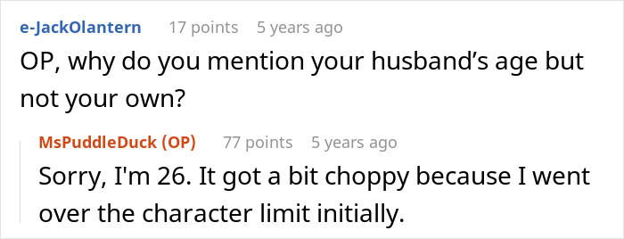 Reddit conversation showing a user asking about husband&rsquo;s age and OP explaining character limit caused choppy text.