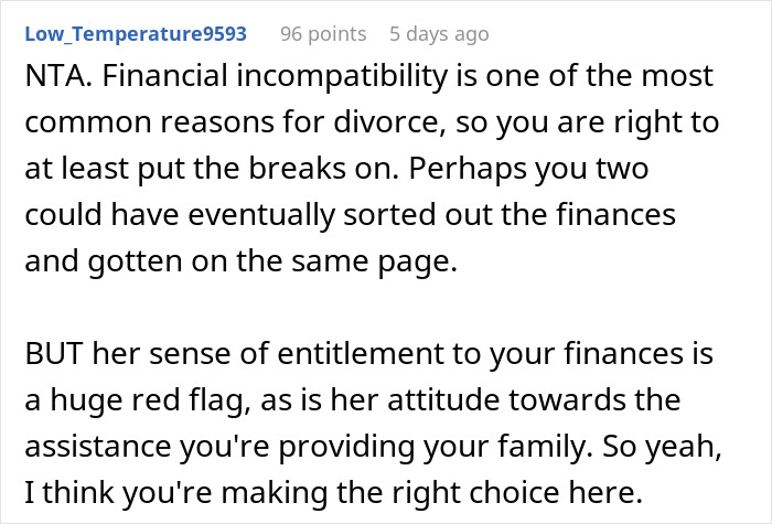Screenshot of a Reddit comment discussing financial incompatibility and debt leading to a groom ending a relationship. Screenshot of a Reddit comment discussing financial incompatibility and debt leading to a groom ending a relationship.
