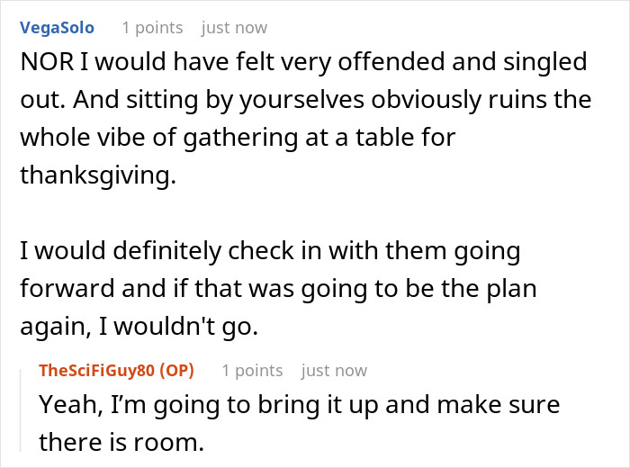 Online discussion about parents letting friends sit at main Thanksgiving table while son is placed at overflow table.