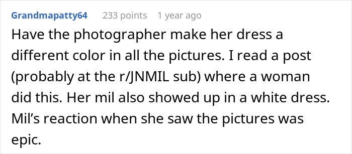 Comment discussing MIL wearing a white dress to a son's wedding and bride&rsquo;s reaction to photos with her.