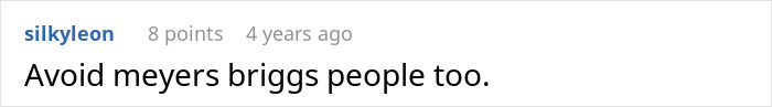 Text conversation discussing avoiding Meyers Briggs people, relating to cheating and astrology-obsessed friend topics.