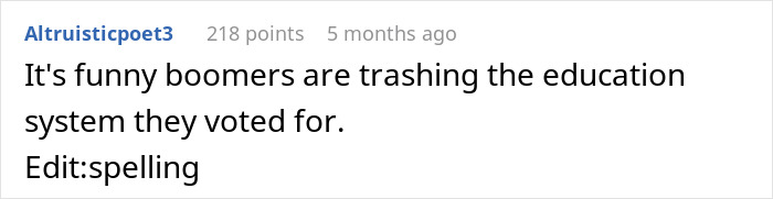 Comment on social media about older man bashing younger generations, with woman responding and shutting him down quickly.