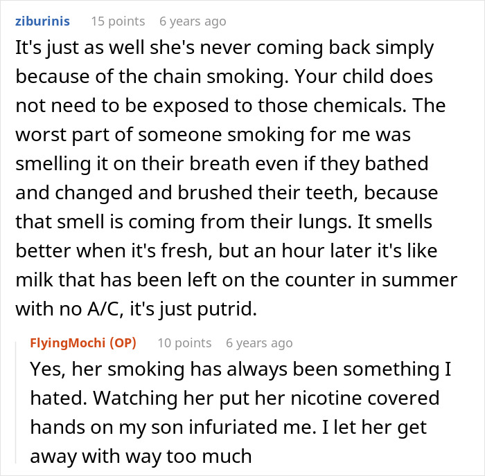 Comment discussing chain smoking&rsquo;s harmful effects and frustration toward MIL poisoning family dog and verbally attacking woman.