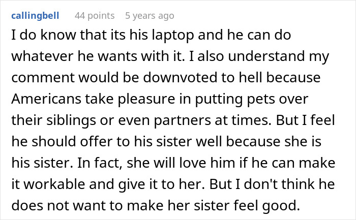 Screenshot of an online comment discussing a man giving his old laptop to his cat instead of his sister.