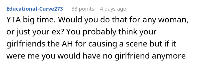 Text post from user Educational-Curve273 with a comment about a guy going above and beyond for his ex and current partner being upset.