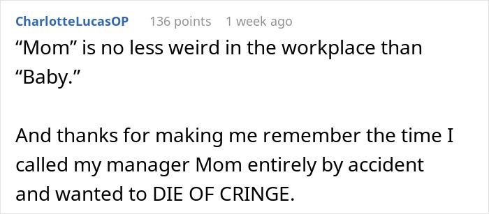 Screenshot of a forum comment discussing a woman weirded out as coworker insists on calling her work mom.