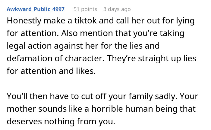 Comment urging to expose TikTok fame built by lying and mentioning legal action for defamation of character.
