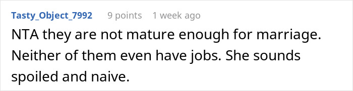 Screenshot of a forum comment discussing a financially unstable woman rushing into marriage and facing a bitter reality check.