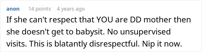 Text comment about a mother setting strict babysitting boundaries, emphasizing respect and supervision for mil-teach-toddler-mama-mother.