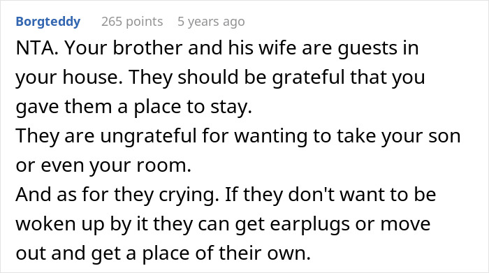 Comment discussing entitled behavior of brother and his wife while staying in woman's house, showing ungratefulness. Comment discussing entitled behavior of brother and his wife while staying in woman's house, showing ungratefulness.
