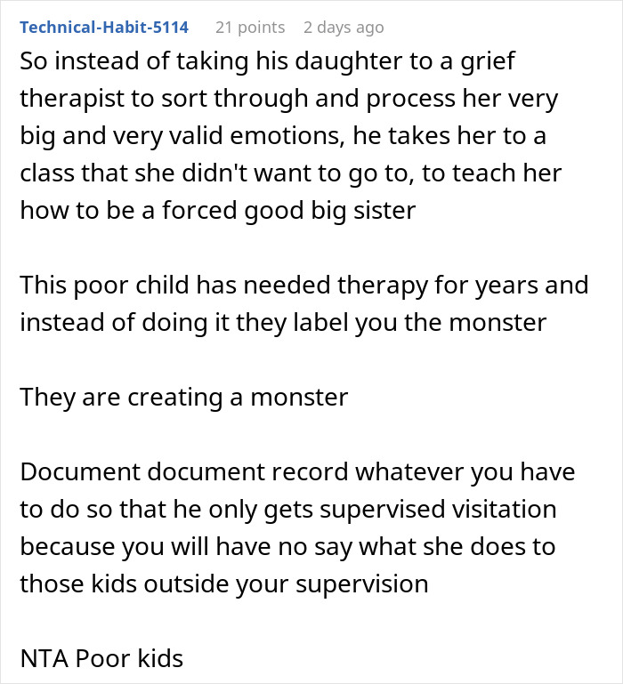 Comment discussing stepdaughter's behavior, therapy needs, and family dynamics affecting relationships and supervision decisions.