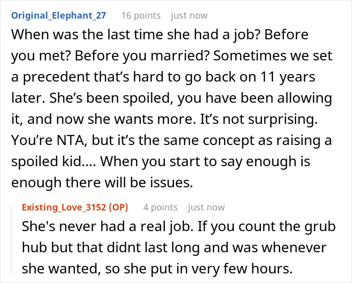 Reddit discussion about a stay-at-home mom feeling poor despite receiving $1K/month fun money from husband.