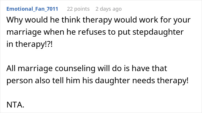 Screenshot of an online comment discussing therapy and stepdaughter behavior in a troubled marriage.
