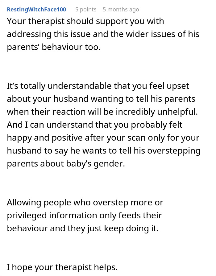 Comment discussing husband not standing up to his mother and wife feeling upset about family boundaries and overstepping behavior.