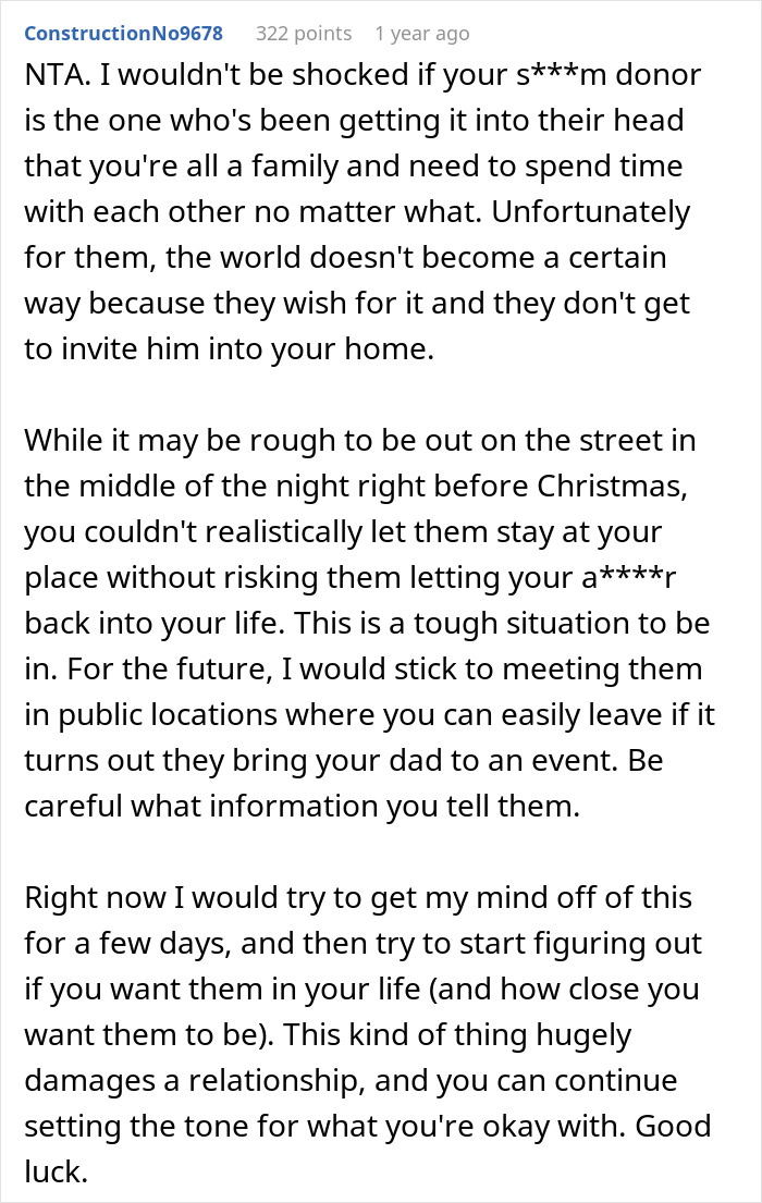 Text from an online forum showing a discussion about a guy kicking siblings out after they revealed a surprise plan.
