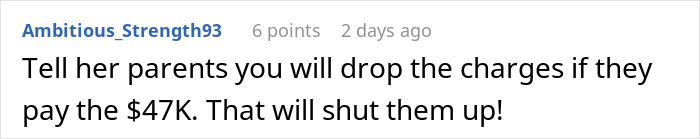 Screenshot of a comment discussing resolving a dispute by demanding $47K payment to drop charges, highlighting financial conflict in marriage.