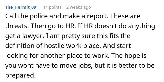 Alt text: Woman puts coworker on blast on social media advice about hostile workplace and HR action in forum comment. Alt text: Woman puts coworker on blast on social media advice about hostile workplace and HR action in forum comment.