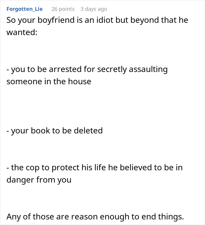 Reddit comment explaining why boyfriend called police over novel contents in woman asks internet for advice post.