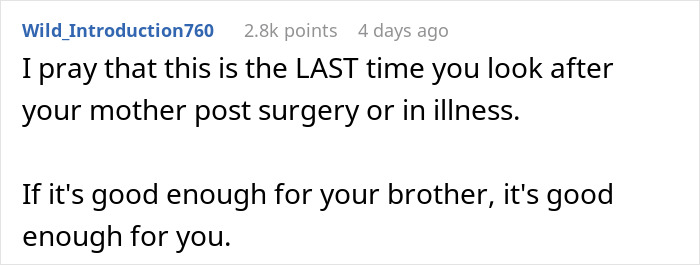 Screenshot of a Reddit comment about caring for a mother after surgery, highlighting daughter's unseen efforts.