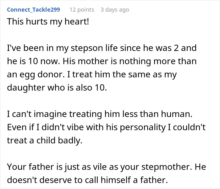Reddit comment expressing pain about stepmother&rsquo;s insecurity and unfair treatment of a stepson compared to her daughter.