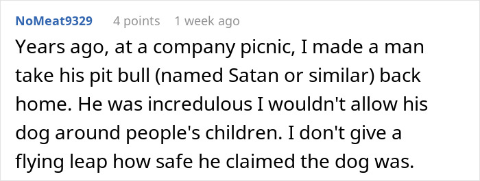 Comment about a new mom politely avoiding a family vacay due to concerns over a pit bull around her baby.