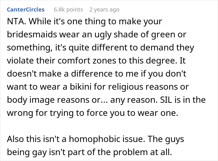 Comment discussing family conflict over Muslim daughter-in-law refusing to wear bikini at bridal party for religious reasons.