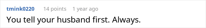 Comment on screen with user advice about telling husband first, reflecting woman shocked by FIL&rsquo;s unexpected love confession and feeling lost.