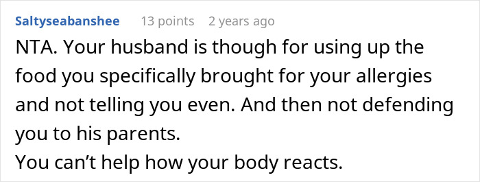 Comment explaining husband using wife&rsquo;s allergy-specific food without telling her, highlighting picky eater and family issues.