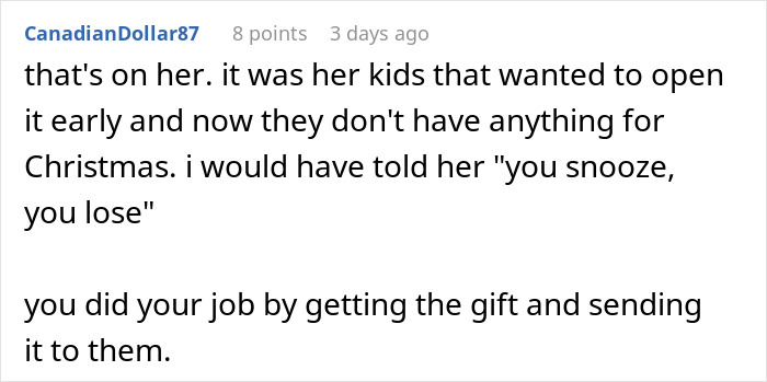 Screenshot of a Reddit comment discussing a woman expecting another Christmas gift after opening one early.