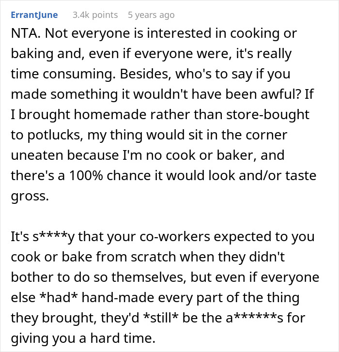 Reddit comment discussing the drama around bringing a store-bought dessert to an office potluck.