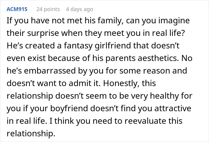 Text message discussing a boyfriend editing face every photo and creating a fantasy girlfriend due to family pressure.