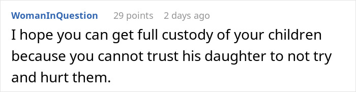 Comment expressing hope for full custody due to distrust of stepdaughter&rsquo;s behavior and family conflict after years of marriage.