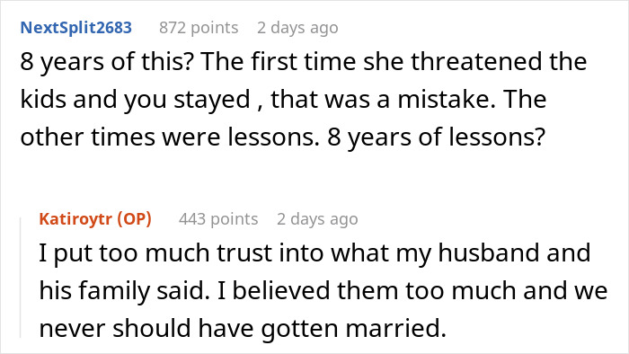 Online conversation about woman&rsquo;s struggle with stepdaughter&rsquo;s behavior and in-laws comments, leading to leaving husband.