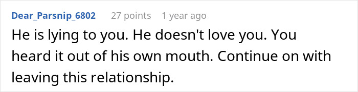 Comment warning a woman about her relationship, advising to leave after overhearing groom's unexpected revelations. Comment warning a woman about her relationship, advising to leave after overhearing groom's unexpected revelations.