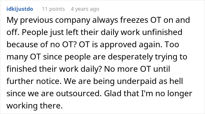 Screenshot of a forum post discussing work conditions, highlighting issues of overtime and underpayment in a company setting.