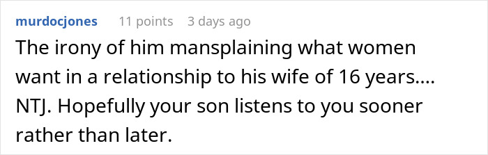 Reddit comment about dad giving teen son outdated dating advice while wife steps in to stop the lesson.