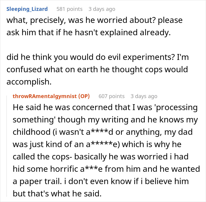 Screenshot of an online conversation where a woman explains her boyfriend called the police over her novel&rsquo;s contents.