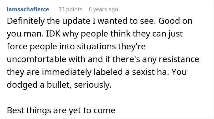 Comment from user iamsachafierce praising a man for avoiding a difficult situation months before his wedding.