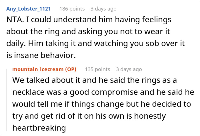 Screenshot of an online discussion about a breaking up ultimatum over ring and emotional reactions to it.
