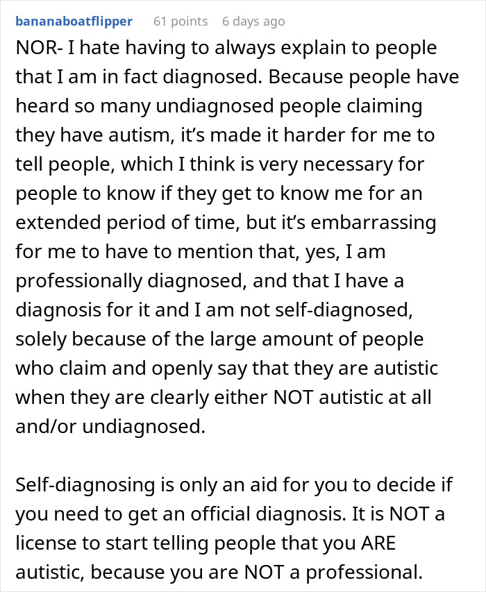 Text excerpt explaining frustration with people self-diagnosing autism versus those professionally diagnosed.