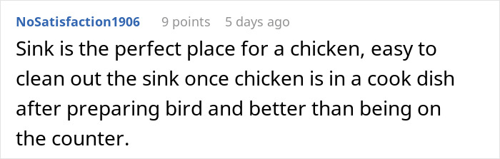 Comment thread discussing woman losing appetite after seeing how her MIL prepares chicken in the kitchen sink.
