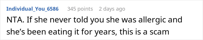 Screenshot of a Reddit comment calling out a woman pretending to have a food allergy, showing skepticism about the allergy claim.