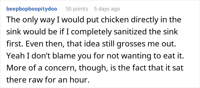 Comment about woman losing appetite after seeing mother-in-law prepare raw chicken in the sink, raising food safety concerns.