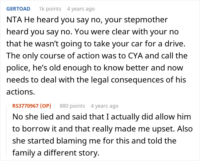 Reddit conversation discussing family conflict over woman having half-brother arrested for stealing her car.