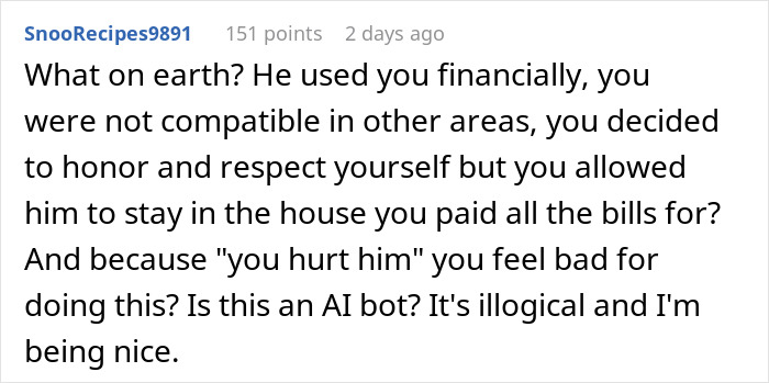 Commenter questioning a woman&rsquo;s regret after divorce, highlighting financial and emotional challenges in relationships.